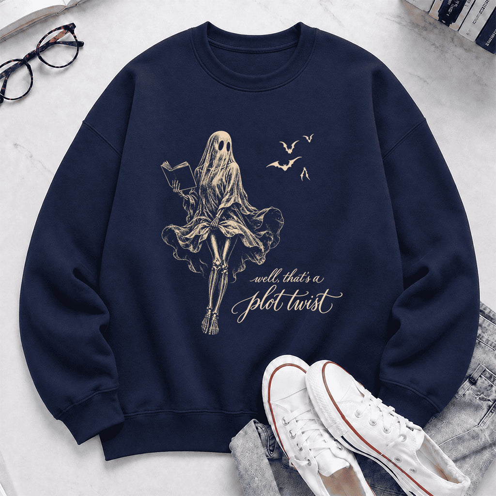 Funny Dress-Wearing Bookworm Ghost Printed Sweatshirt | Halloween Reader Gift Navy