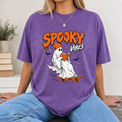 Spooky Vibes Printed T-Shirt | Halloween Book Lover Gift Heather Purple