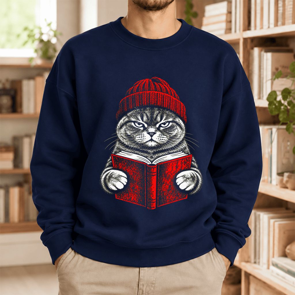 Vintage Reading Cat British Shorthair Softstyle Sweatshirt | Christmas Gift Navy