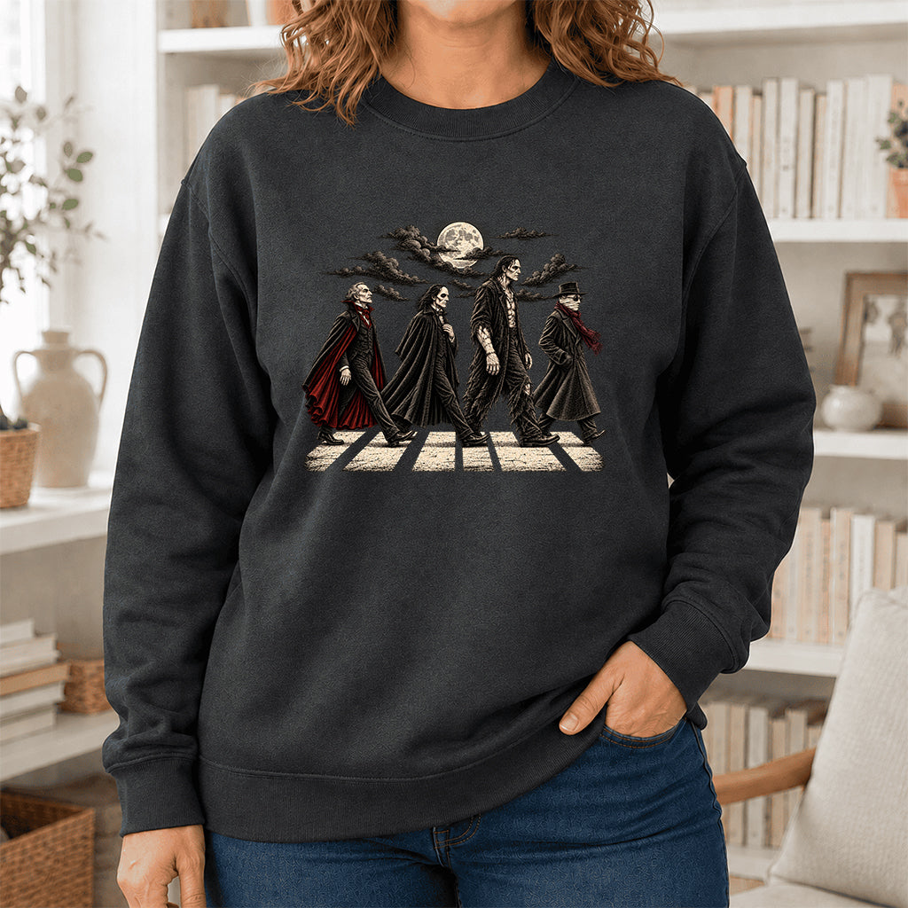 Monsters Road Printed Sweatshirt | Halloween Book Lover Gift Dark Heather