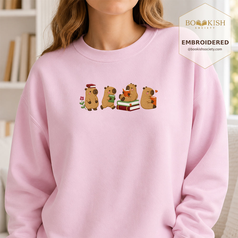 Reading Capybaras Embroidered Sweatshirt | Reader Gift Light Pink