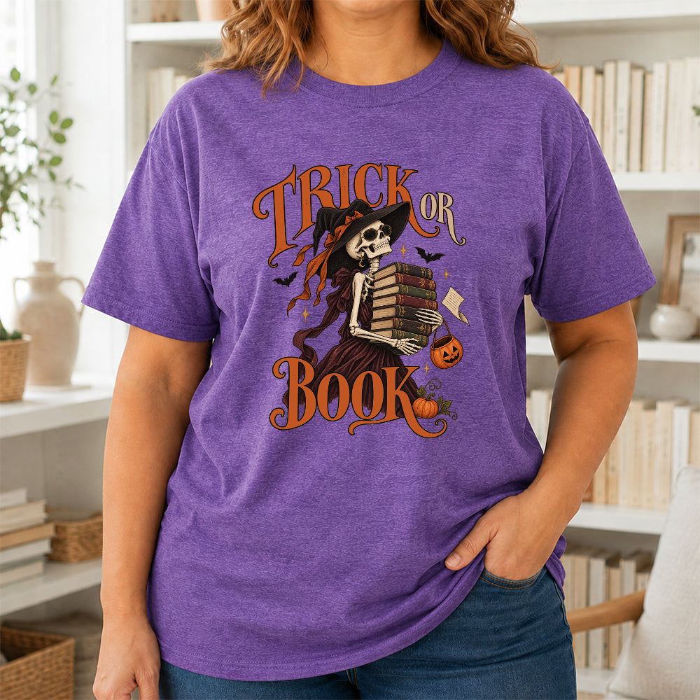 Trick Or Book Lady Printed T-Shirt | Halloween Book Lover Gift Heather Purple