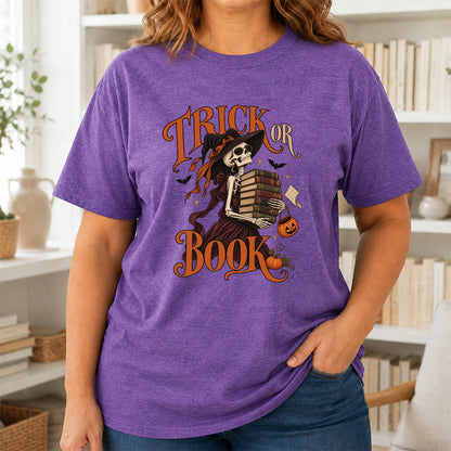 Trick Or Book Lady Printed T-Shirt | Halloween Book Lover Gift Heather Purple