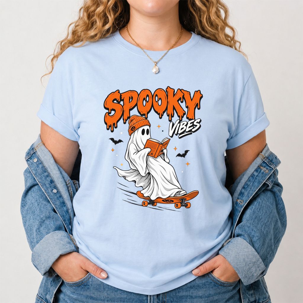 Spooky Vibes Printed T-Shirt | Halloween Book Lover Gift Light Blue