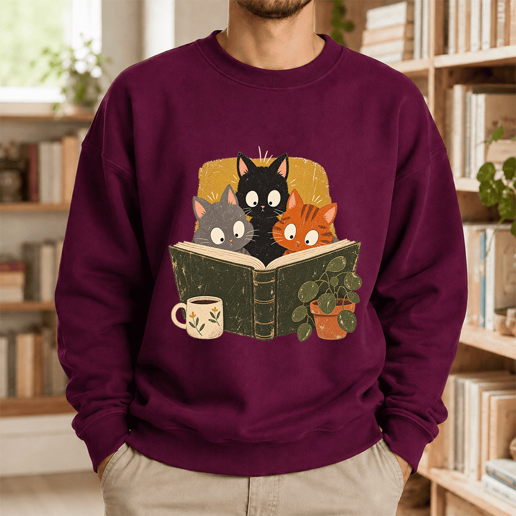 Minimal Japanese Cats Reading Crewneck Sweatshirt | Reader Gift Maroon