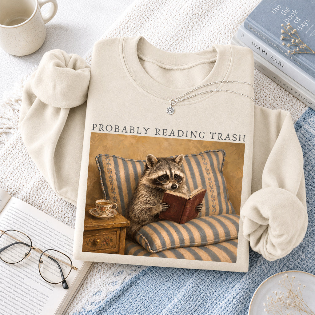 Probably Reading Trash Racoon Crewneck Sweatshirt | Reader Gift Sand