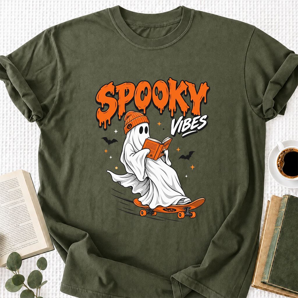 Spooky Vibes Printed T-Shirt | Halloween Book Lover Gift Military Green