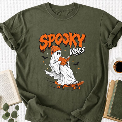 Spooky Vibes Printed T-Shirt | Halloween Book Lover Gift Military Green