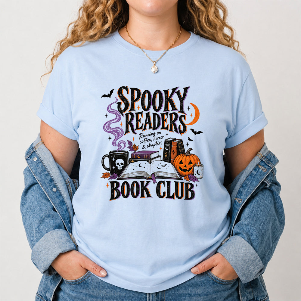 Spooky Readers Book Club Printed T-Shirt | Halloween Book Lover Gift Light Blue