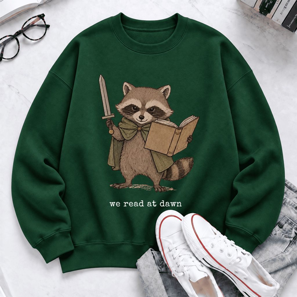 We Read At Dawn Funny Racoon Softstyle Sweatshirt | Cozy Book Lover Gift Forest Green