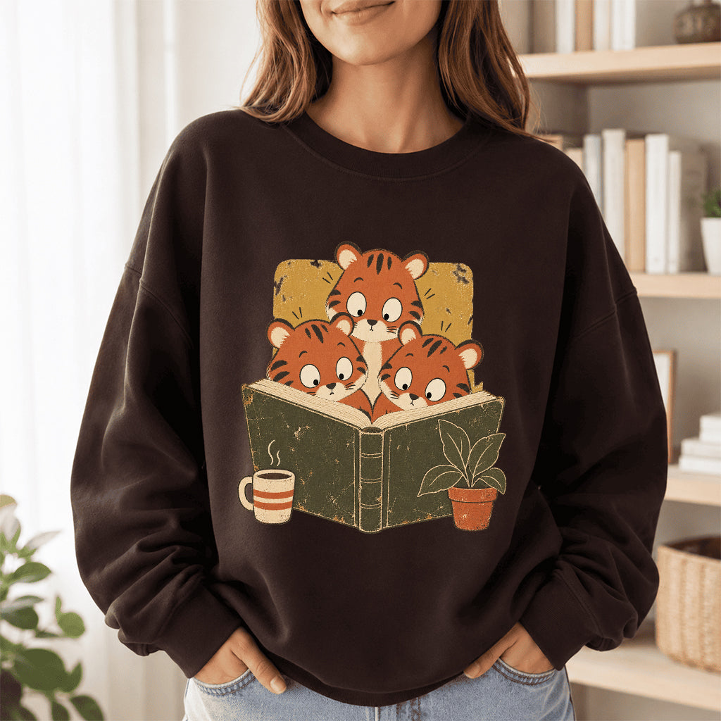 Minimal Japanese Tigers Reading Crewneck Sweatshirt | Reader Gift Dark Chocolate