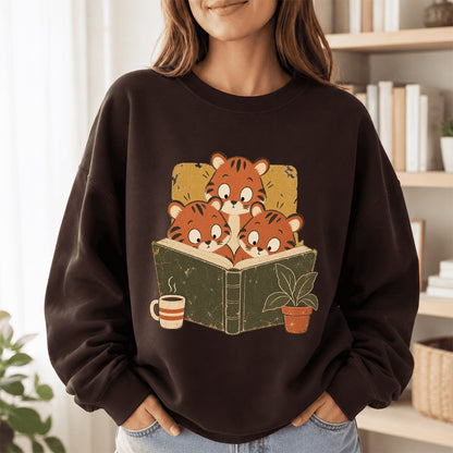 Minimal Japanese Tigers Reading Crewneck Sweatshirt | Reader Gift Dark Chocolate