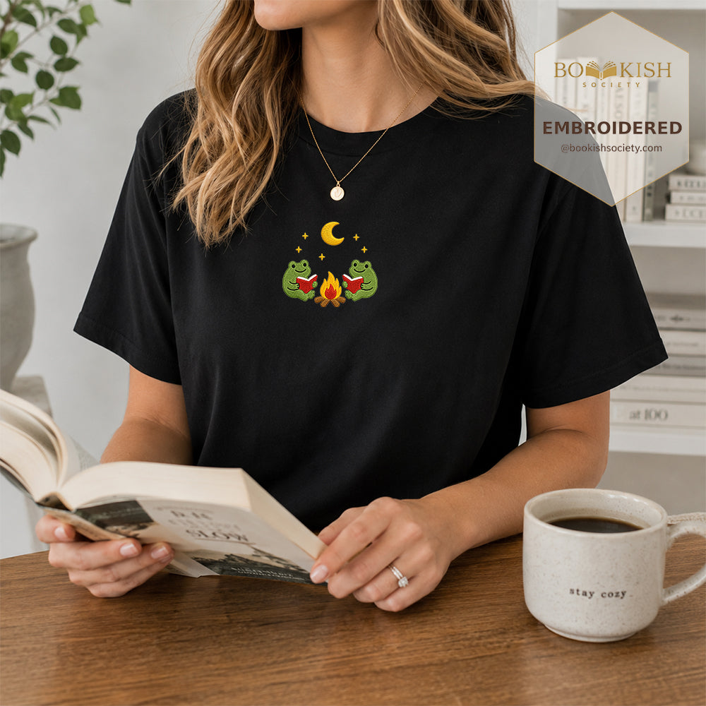 Embroidered Frog Campfire Comfort Color® T-shirt Book Lover Gift Black