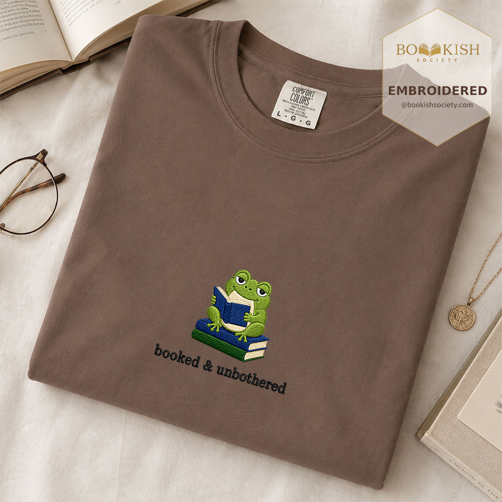 Booked and Unbothered Embroidered Comfort Color® T-shirt | Book Lover Gift Espresso