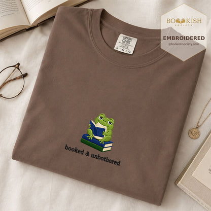 Booked and Unbothered Embroidered Comfort Color® T-shirt | Book Lover Gift Espresso