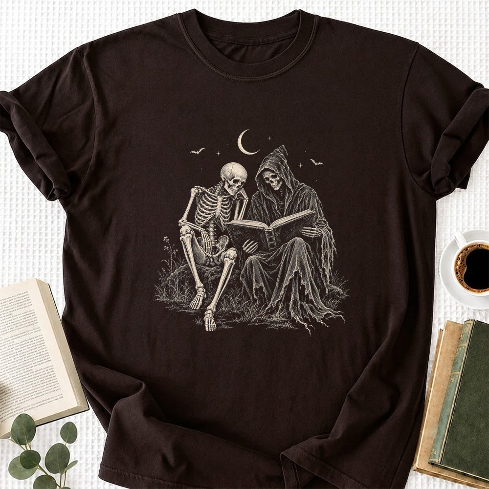 Halloween Reading Buddies Printed T-Shirt | Halloween Book Lover Gift Dark Chocolate