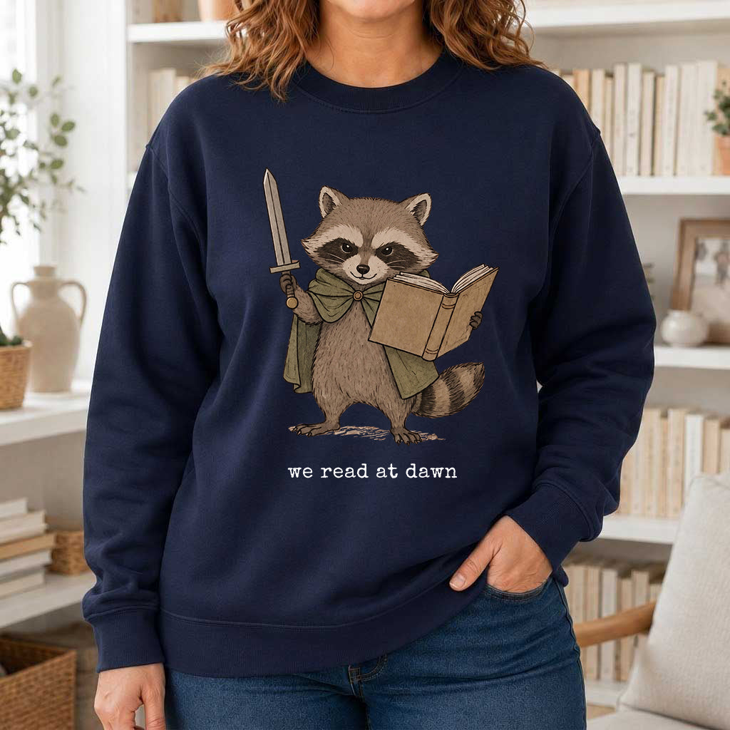 Raccoon We Read At Dawn Crewneck Sweatshirt | Reader Gift Navy
