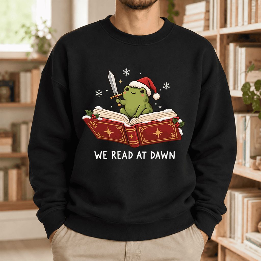 We Read At Dawn Frog Softstyle Sweatshirt | Christmas Book Lover Gift Black