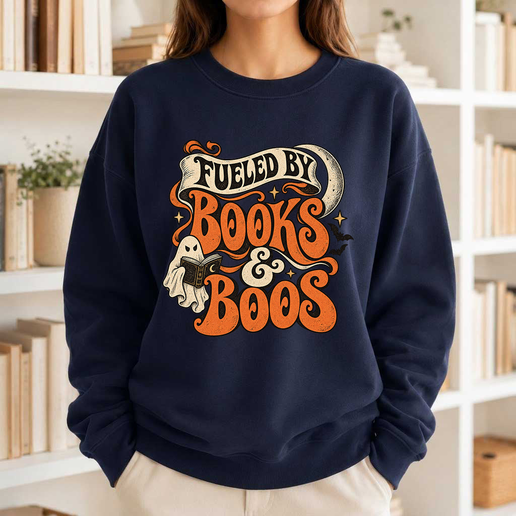 Fueled By Books & Boos Printed Sweatshirt | Halloween Book Lover Gift Navy