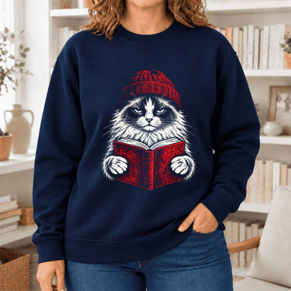 Vintage Reading Cat Ragdoll Softstyle Sweatshirt | Christmas Reader Gift Navy