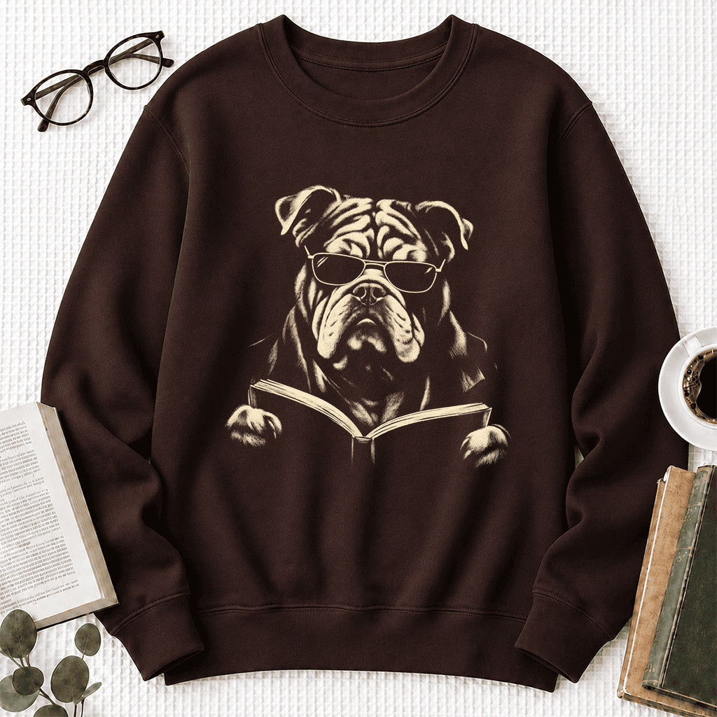 Bulldog Reading Book Crewneck Sweatshirt | Reader Gift Dark Chocolate