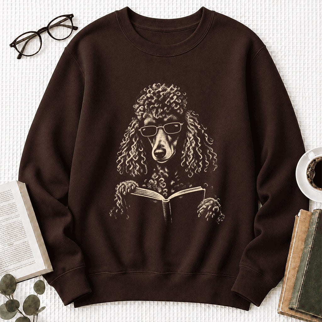 Poodle Reading Book Crewneck Sweatshirt | Reader Gift Dark Chocolate