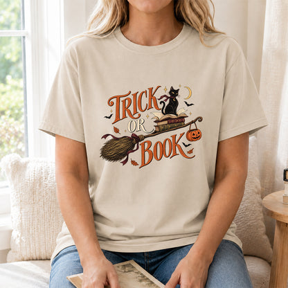 Trick Or Book Black Cat Printed T-Shirt | Halloween Book Lover Gift Sand