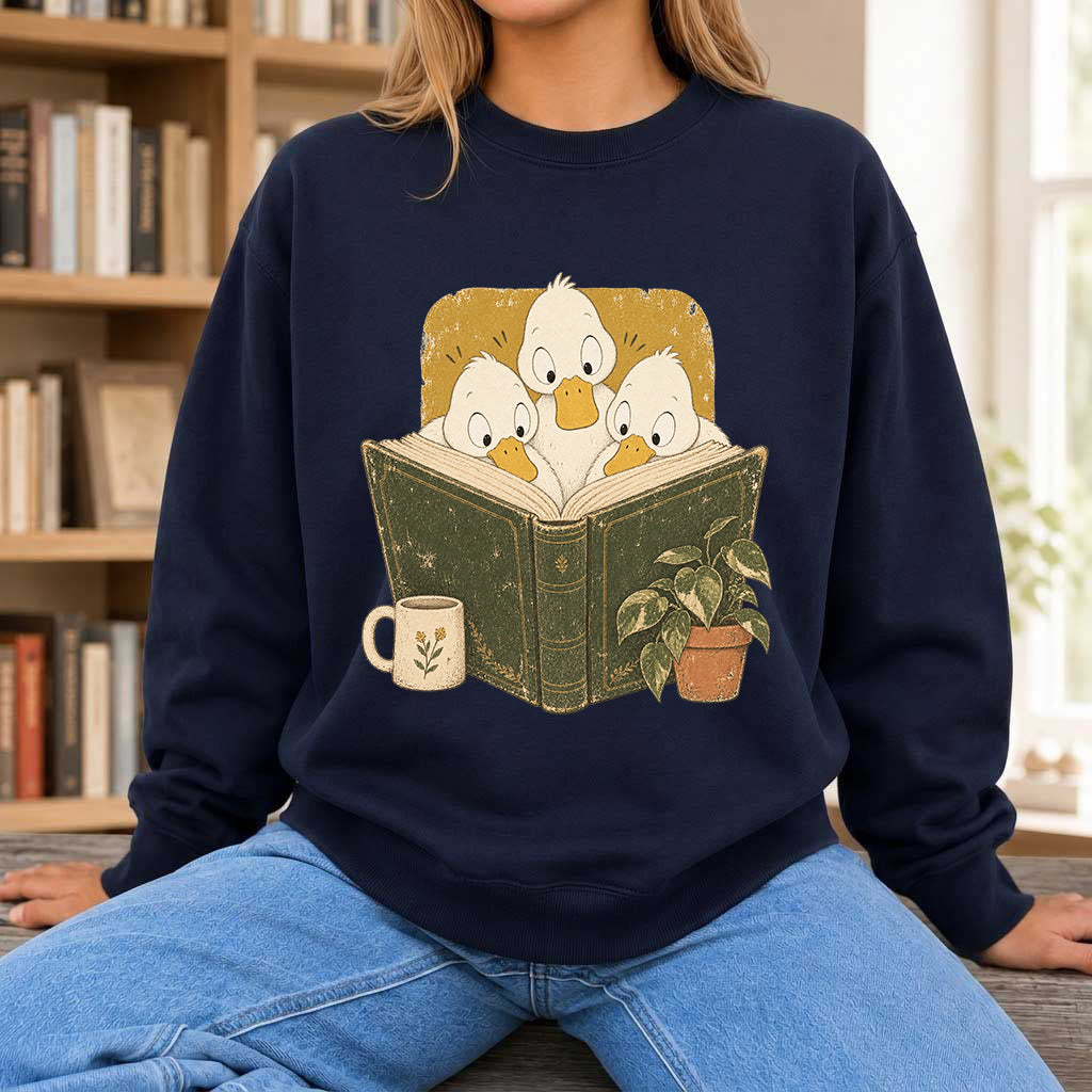 Minimal Japanese Ducks Reading Crewneck Sweatshirt | Reader Gift Navy