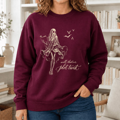 Funny Dress-Wearing Bookworm Ghost Printed Sweatshirt | Halloween Reader Gift Maroon