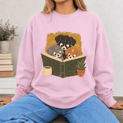 Minimal Japanese Dogs Reading Crewneck Sweatshirt | Reader Gift Light Pink