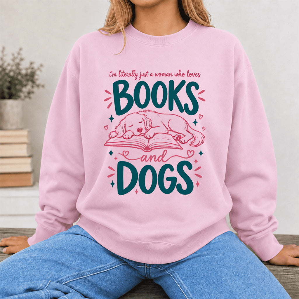 Just A Woman Who Loves Books and Dogs Crewneck Sweatshirt |  Dog Lover & Reader Gift Light Pink