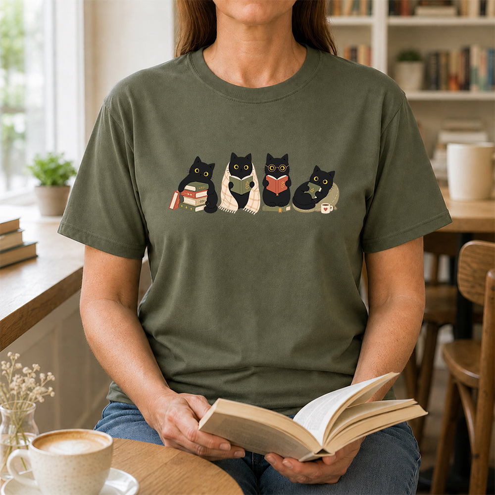 Black Cats Reading Softstyle T-Shirt | Book Lover Gift Military Green