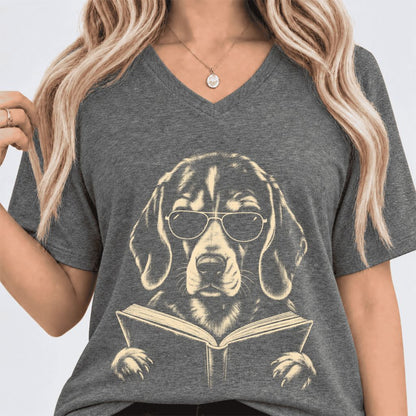 Beagle Reading Book Ultra-Soft V-Neck | Dog Mom Reader Gift Deep Heather