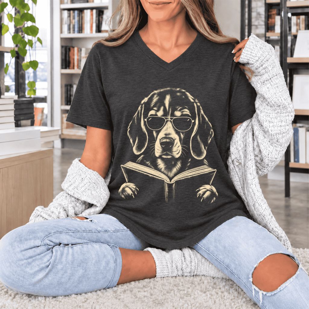 Beagle Reading Book Ultra-Soft V-Neck | Dog Mom Reader Gift Dark Grey Heather
