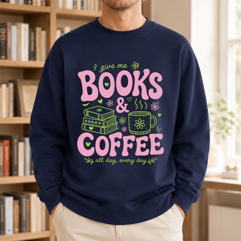 Books and Coffee Crewneck Sweatshirt | Reader Gift Navy