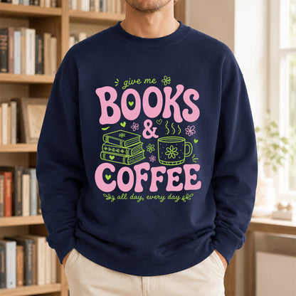 Books and Coffee Crewneck Sweatshirt | Reader Gift Navy