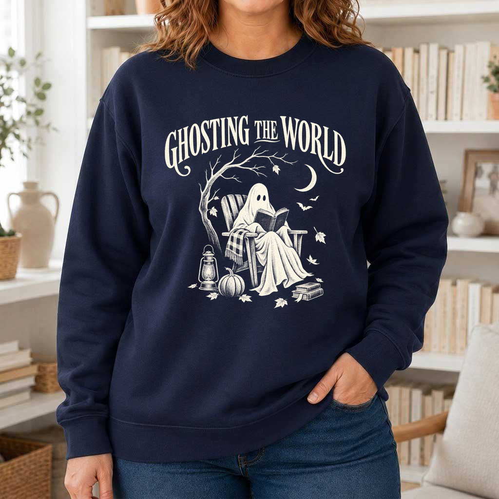 Ghosting The World Crewneck Sweatshirt | Halloween Reader Gift Navy