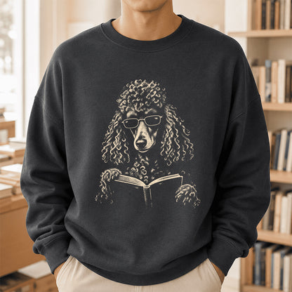 Poodle Reading Book Crewneck Sweatshirt | Reader Gift Dark Heather