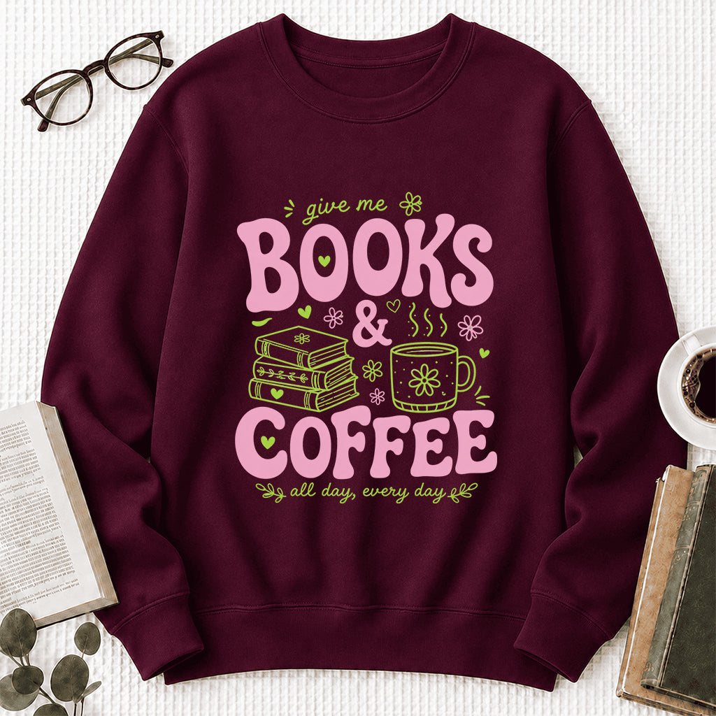 Books and Coffee Crewneck Sweatshirt | Reader Gift Maroon
