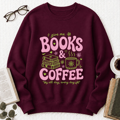 Books and Coffee Crewneck Sweatshirt | Reader Gift Maroon