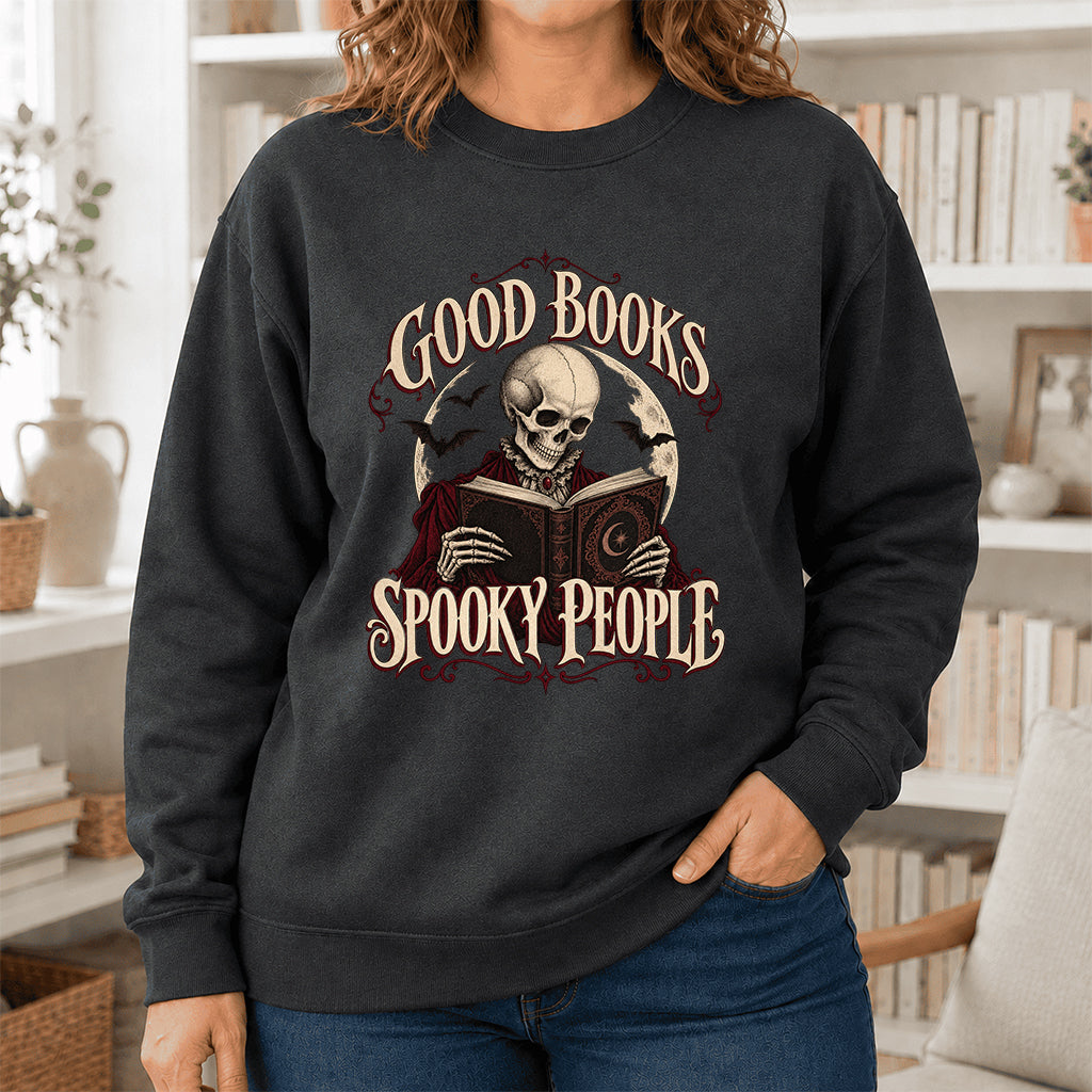 Good Books Spooky People Printed Sweatshirt | Halloween Book Lover Gift Dark Heather