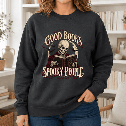 Good Books Spooky People Printed Sweatshirt | Halloween Book Lover Gift Dark Heather