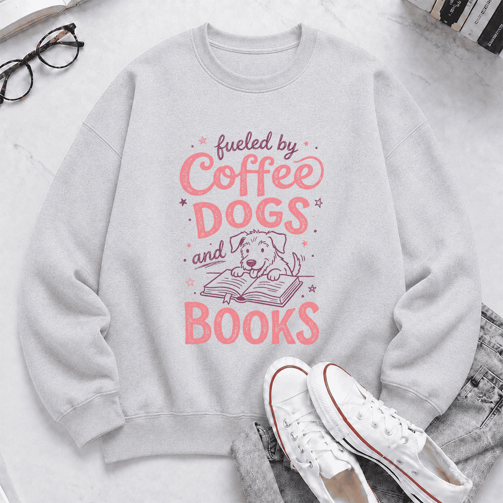 Fueled By Coffee, Dogs and Books Crewneck Sweatshirt | Coffee & Dog Lover, Reader Gift Sport Grey