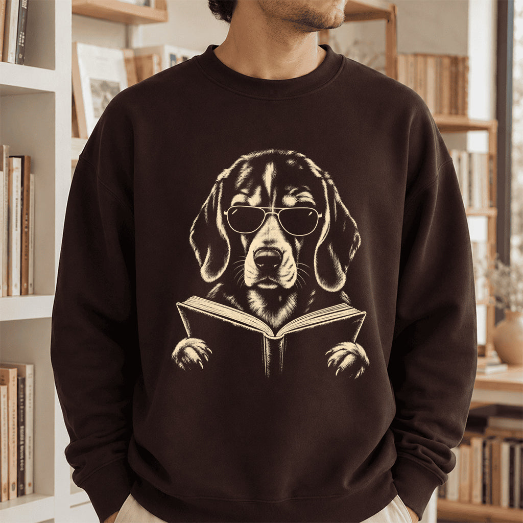 Beagle Reading Book Crewneck Sweatshirt | Reader Gift Dark Chocolate