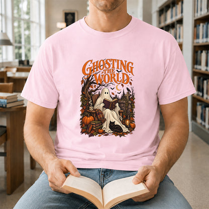 Ghosting The World Cotton T-Shirt | Halloween Book Lover Gift Light Pink