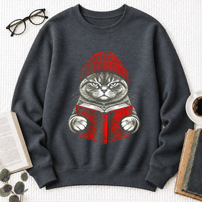 Vintage Reading Cat British Shorthair Softstyle Sweatshirt | Christmas Gift Dark Heather