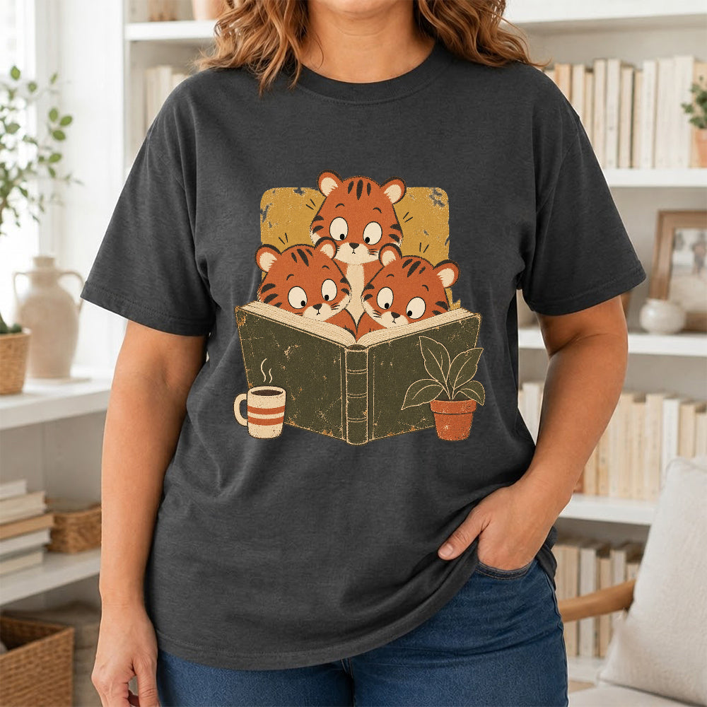 Minimal Japanese Tigers Reading Softstyle T-Shirt | Book Lover Gift Dark Heather