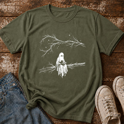 Reading Ghost With Black Cat Printed T-Shirt | Halloween Cat Lover Reader Gift Military Green