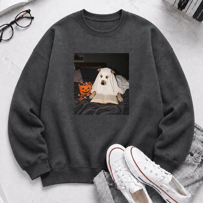 Cute Reading Ghost Dog Printed Sweatshirt | Halloween Book Lover Gift Dark Heather