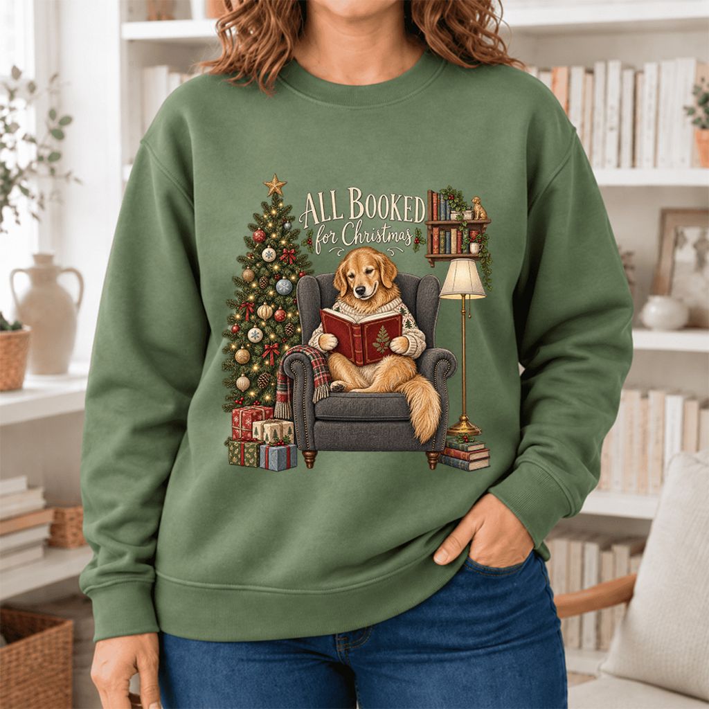 All Booked For Christmas Sweatshirt | Christmas Reader Gift Military Green